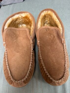 LL Bean Men's Brown Suede Shearling-Lined Moccasin Slippers